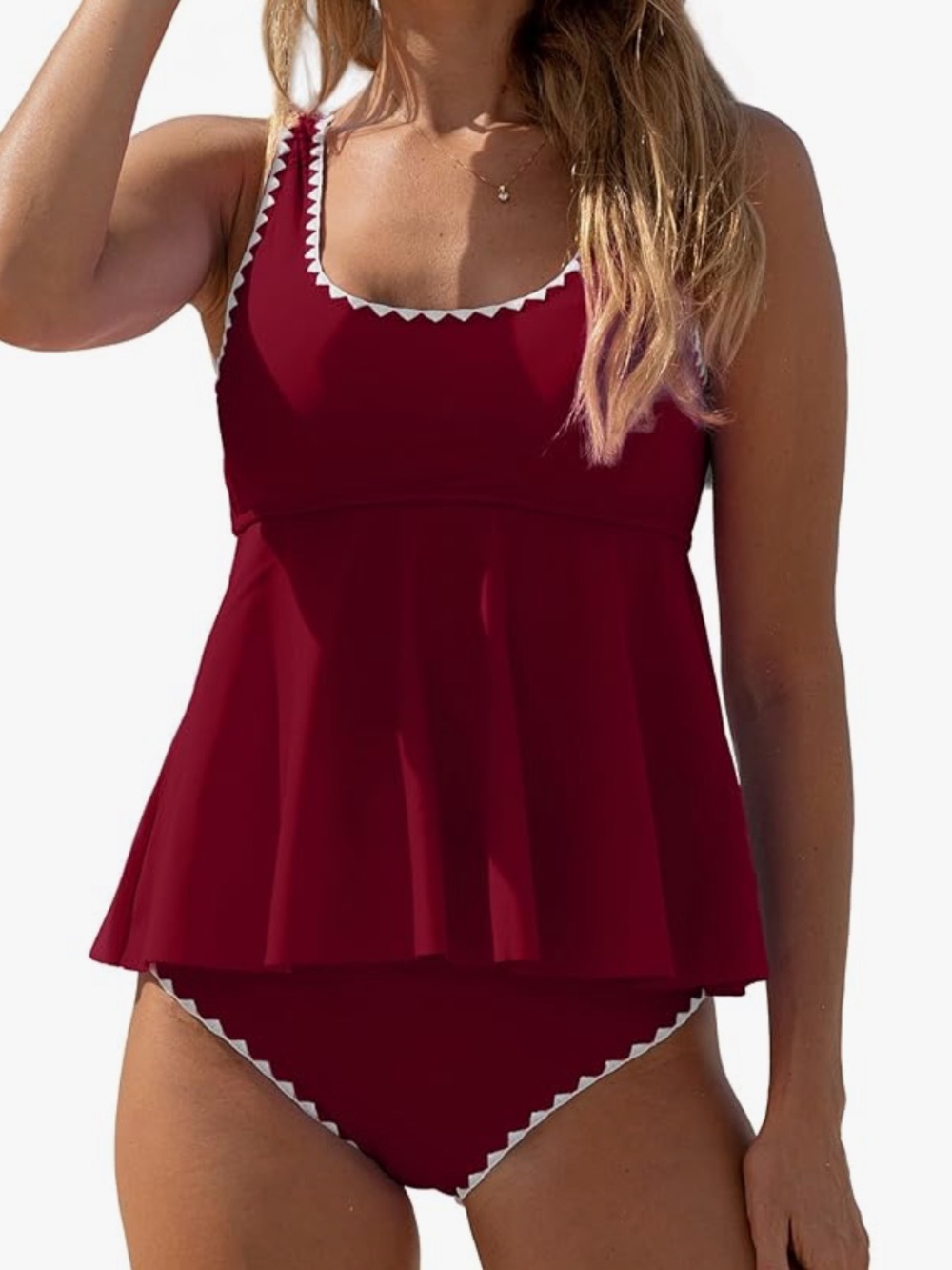 Beachsissi NWT S DARK Red white edge Stitched flowy Tankini Swimsuit